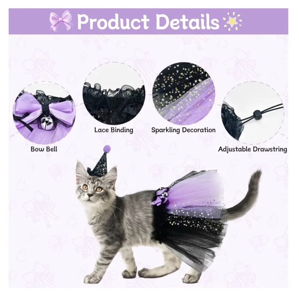 Witch Costume for Cat Kitten, size Medium ,Witch's Hat & Black Tutu Skirt